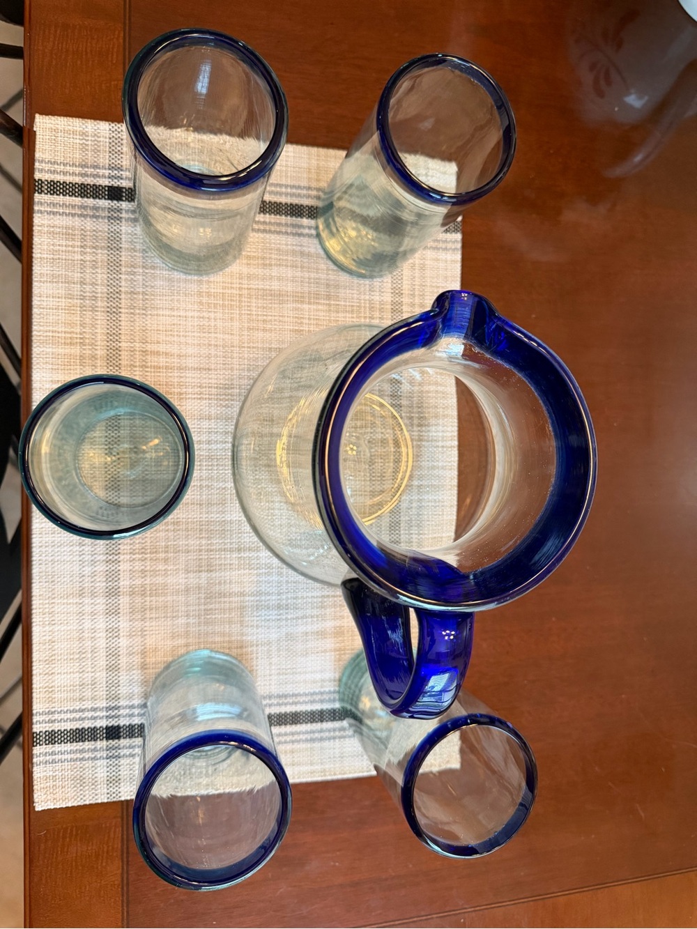 Clear Glass Pitcher and Tumblers with Cobalt Blue Trim